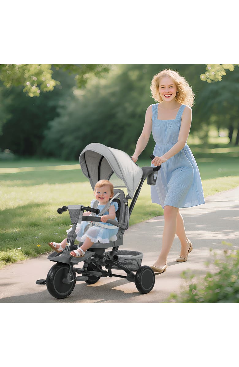 Qaba Kids Tricycle with Adjustable Push Handle and Removable Canopy, Alternate, color, Gray