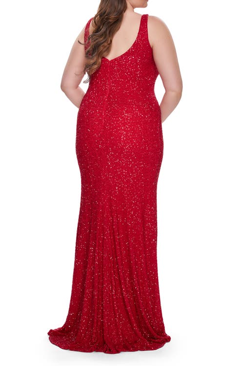 La Femme Fitted Stretch Sequin Plus Size Dress With V-neck