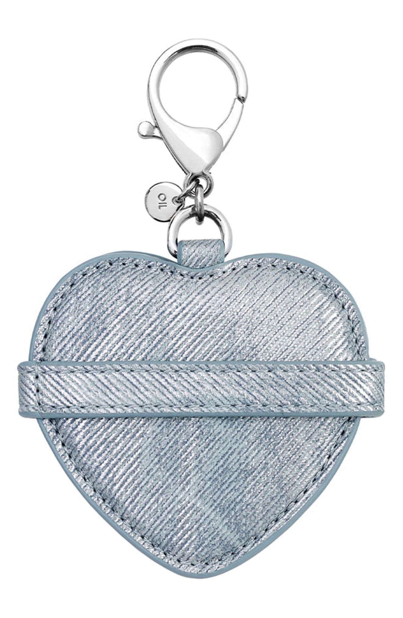 Stand Oil Belted Heart Mirror Faux Leather Key Ring Bag Charm, Alternate, color, Silver Denim