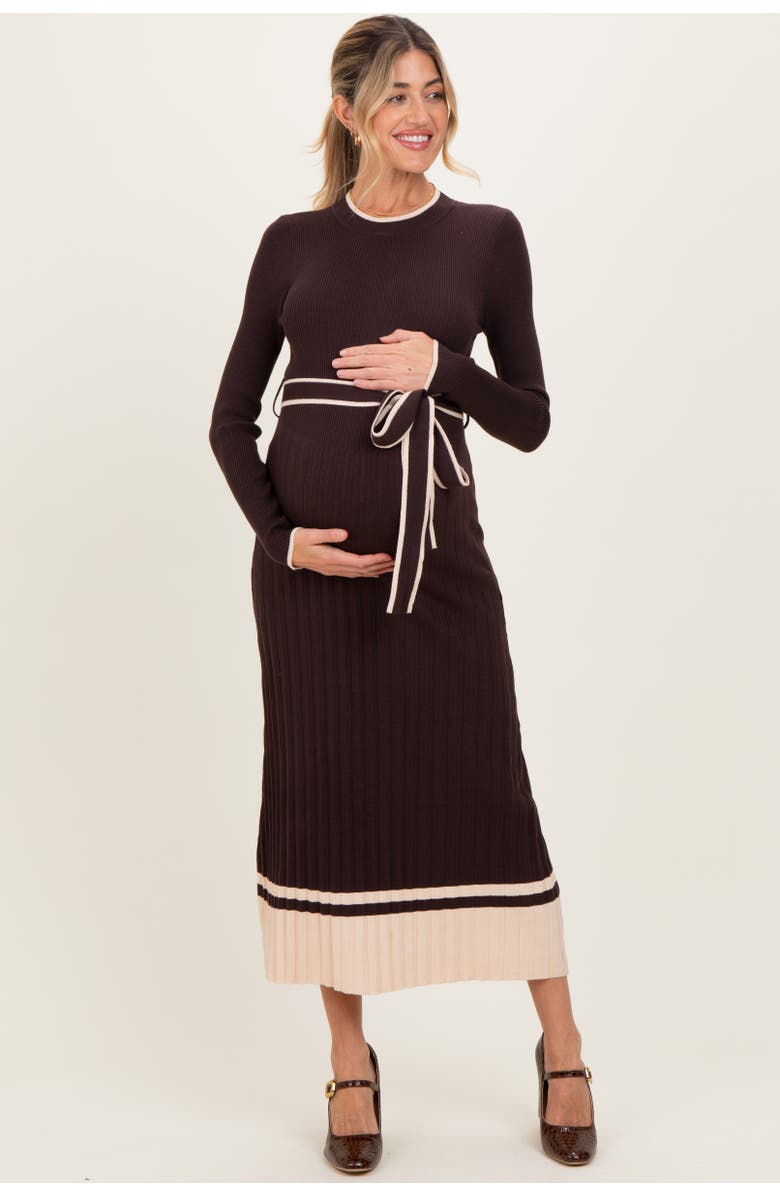 PinkBlush Ribbed Midi Sweater Dress With Belt, Main, color, Brown