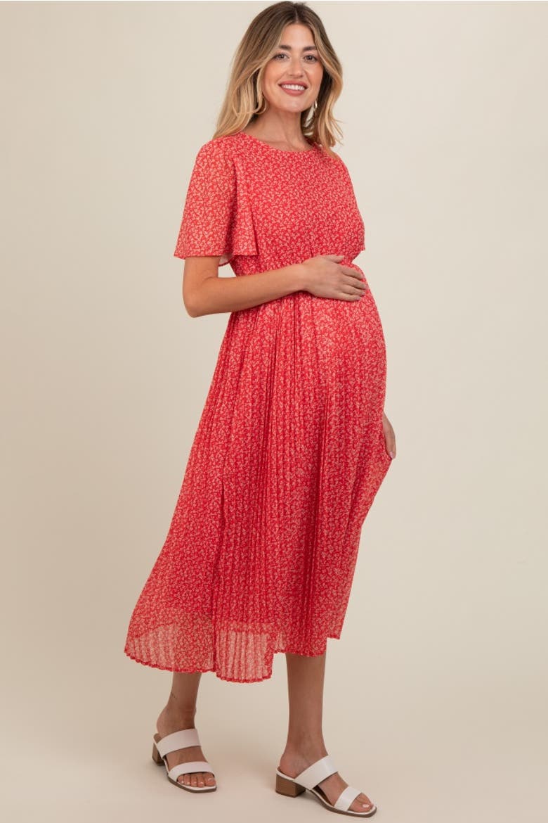 Floral Pleated Midi Dress, Alternate, color, Red
