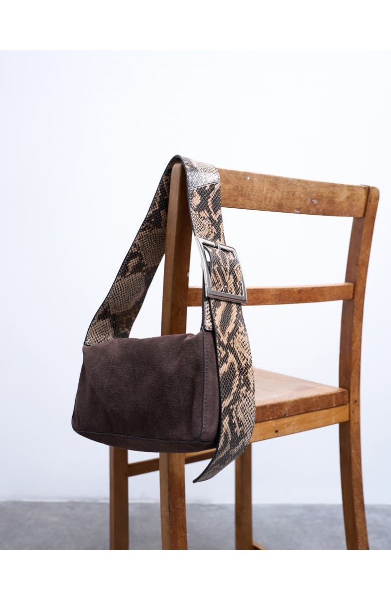 Topshop Scarlett Suede & Snake Embossed Leather Should Bag, Alternate, color, Brown