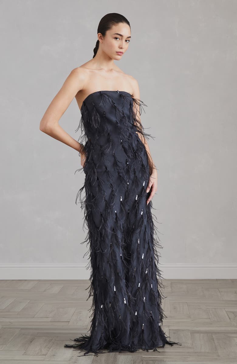 Brunello Cucinelli Crispy silk mermaid dress with dazzling feather embroidery, Alternate, color, 