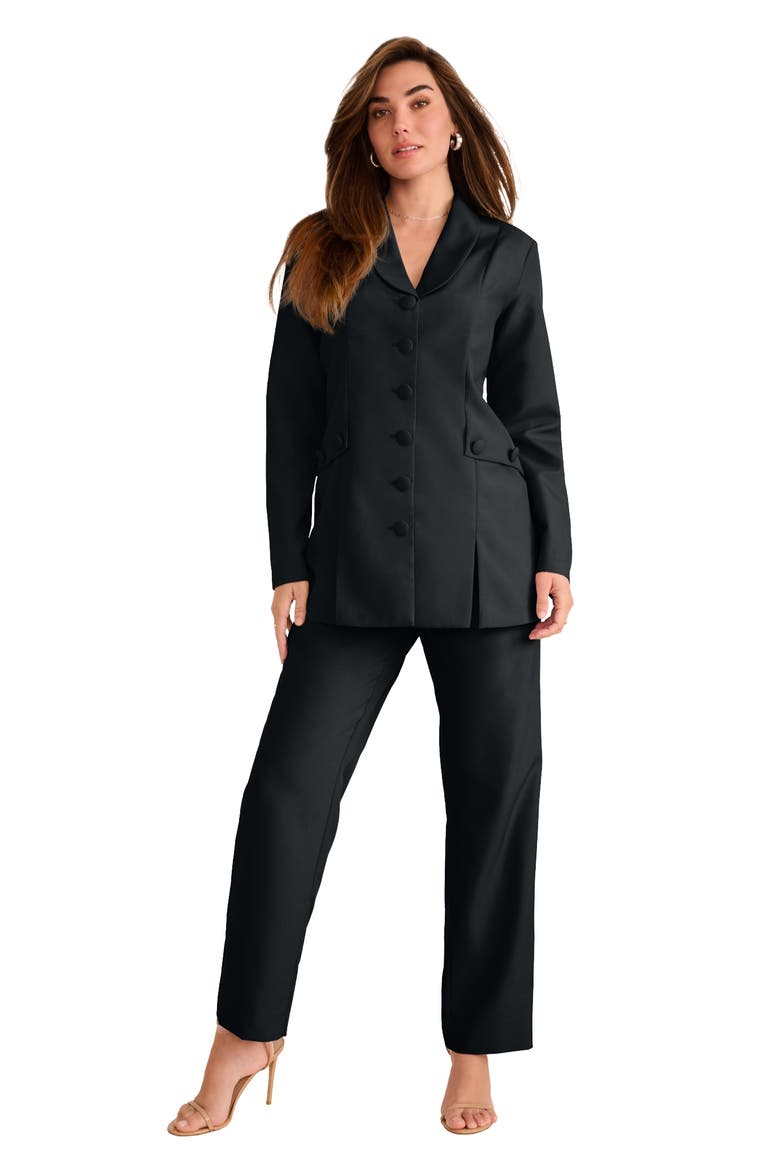 Plus Size Long Sleeve Ten Button Shawl Collar Pant Suit 2 Piece Pant Set, Main, color, BLACK