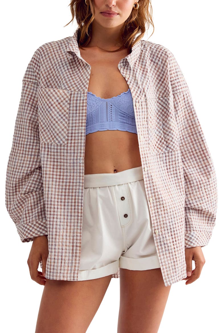 Cross My Heart Plaid Seersucker Sleep Shirt, Main, color, IVORY COMBO