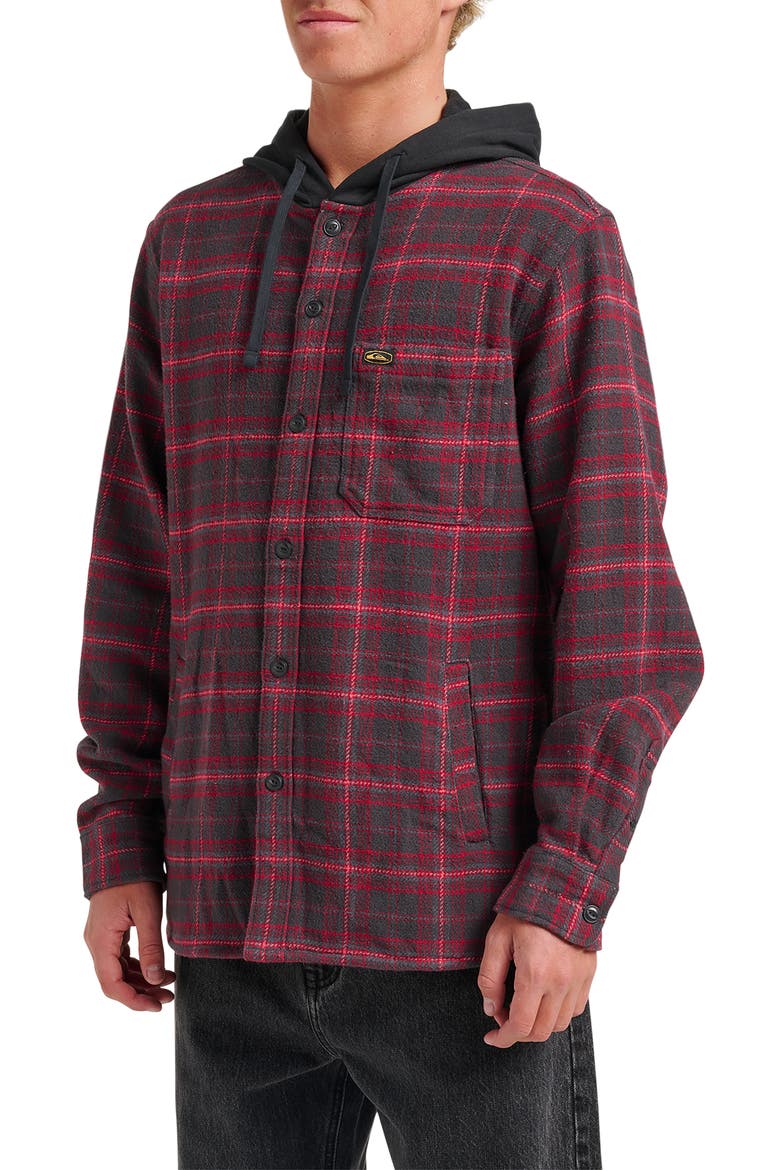 Sandbar Hooded Plaid Cotton Flannel Button-Up Shirt, Alternate, color, BLACK