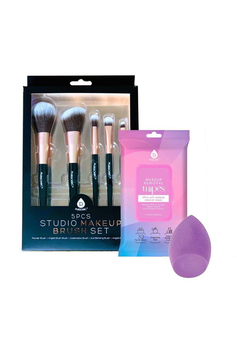 Makeup Essentials Bundle Brushes Wipes & Blender Sponge, Main, color, Multicolor