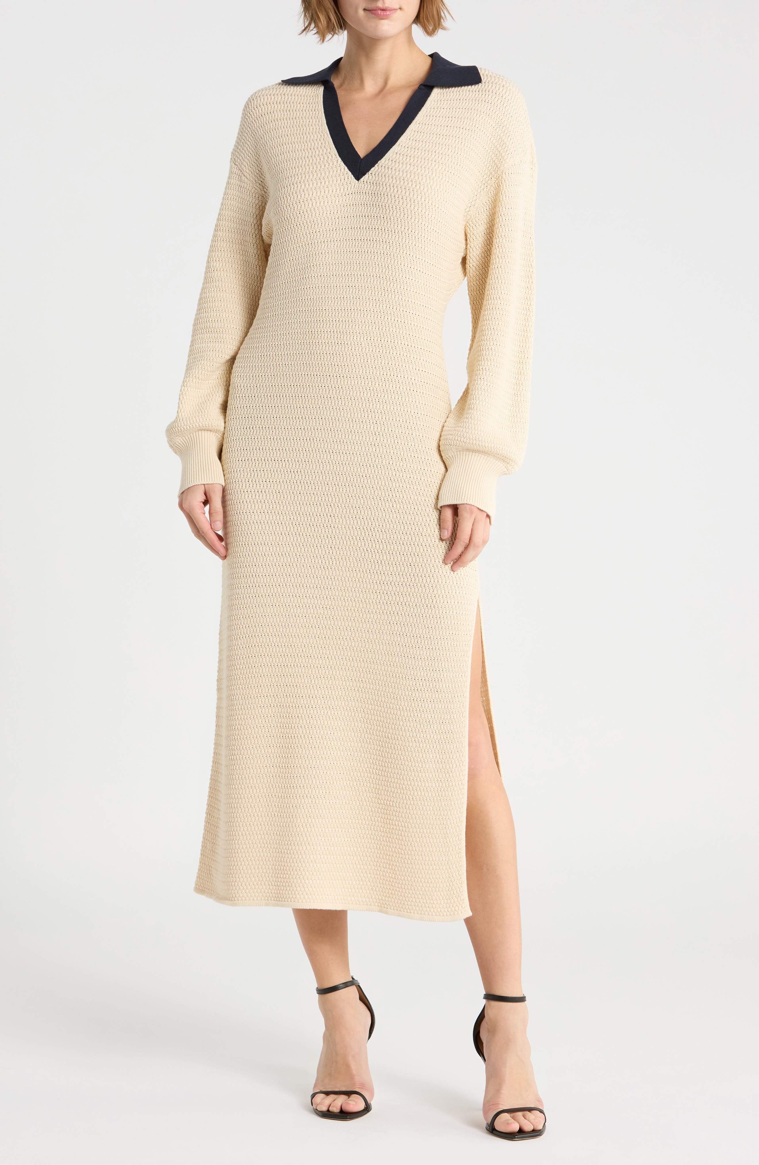 Mozart Contrast Collar Long Sleeve Midi Sweater Dress