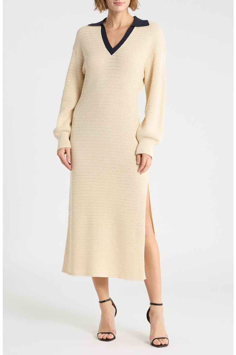 Mozart Contrast Collar Long Sleeve Midi Sweater Dress, Main, color, ECRU