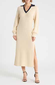 Mozart Contrast Collar Long Sleeve Midi Sweater Dress