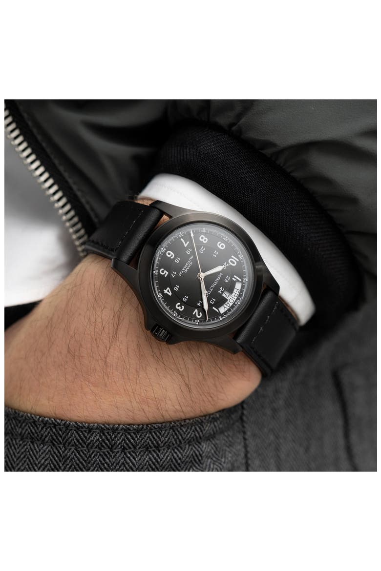 Khaki King Automatic Leather Strap Watch, 40mm, Alternate, color, NO COLOR