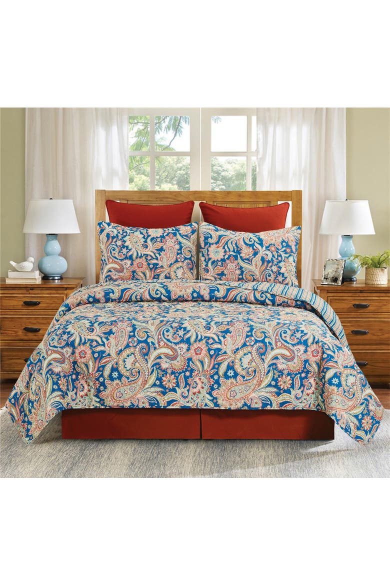 Marla Damask Cotton Quilt Set - Reversible and Machine Washable, Alternate, color, Blue