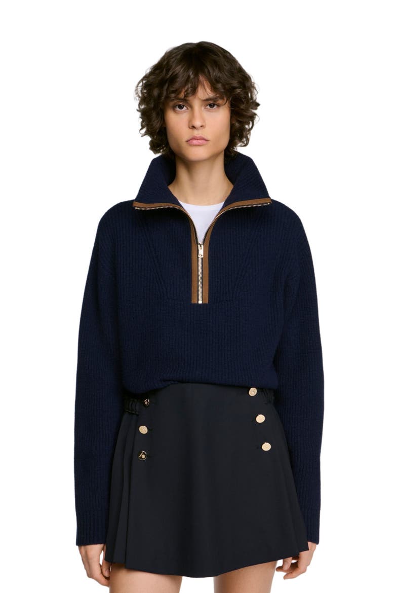 Wool and cashmere half-zip sweater, Alternate, color, Navy blue