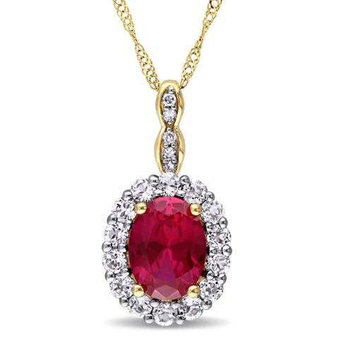 Gemstone & Diamond Oval Halo Necklace 14K