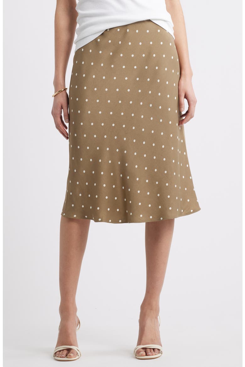 Bias Cut Satin Midi Skirt, Main, color, OLIVE- IVORY TOFU ARMEN DOT