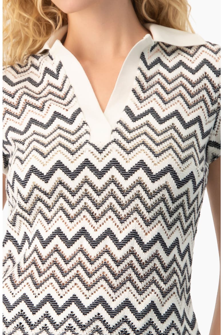 Multicolor Chevron Knit Collared Polo Blouse, Alternate, color, White