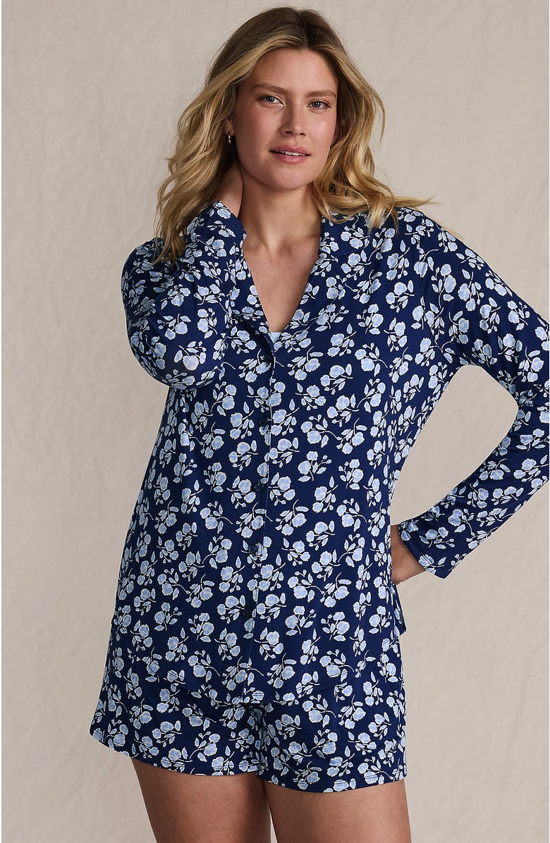 Lands' End Cooling 3 Piece Pajama Set - Long Sleeve Top Cami and Shorts, Alternate, color, Deep Sea Navy Blooms