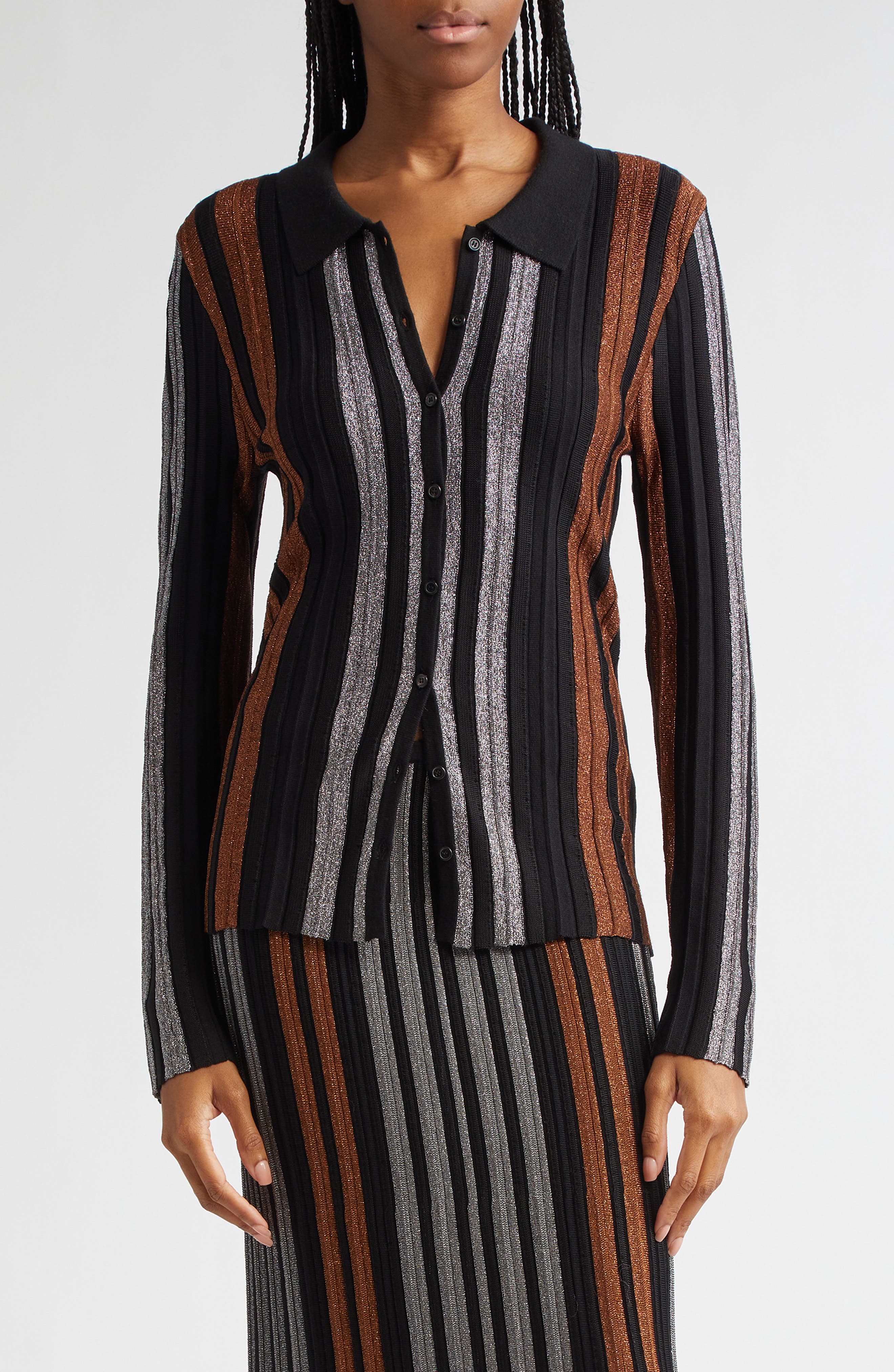ZANKOV Shimmer Stripe Rib Cardigan in Black Multi 