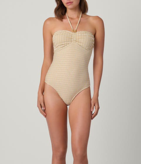 Metallic Seersucker Cinched Bandeau One Piece