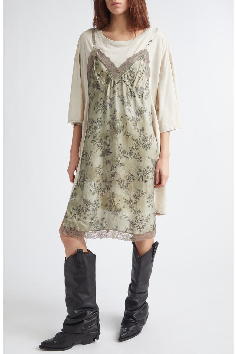 Oversize T-Shirt Dress with Slipdress Appliqué, Alternate, color, ACID KHAKI STONE GREEN FLORAL
