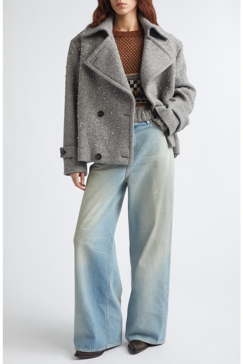 Crystal Embellished Wool Short Trench Coat, Alternate, color, MELANGE GREY