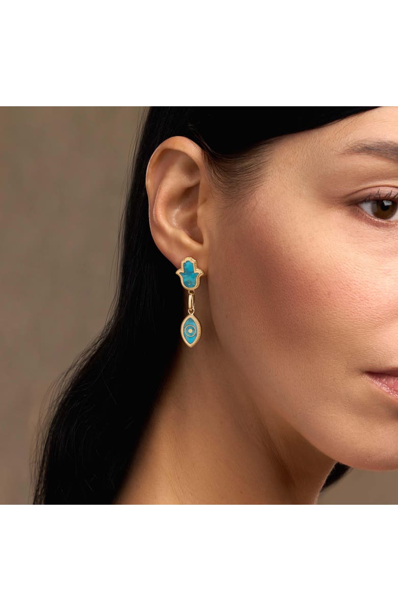 Karma and Luck Peaceful Mindset Turquoise Evil Eye Hamsa Gold Earrings, Alternate, color, 