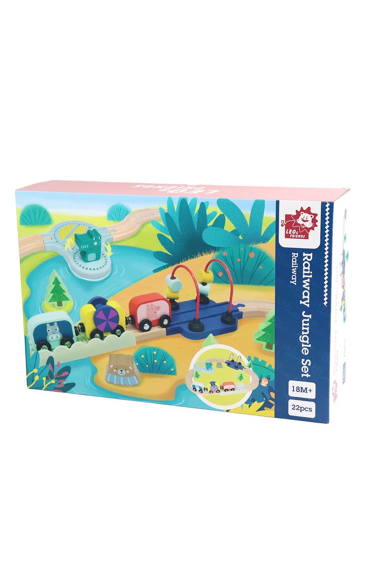 Wooden Railway Jungle 22-Piece Animal Set, Magnetic Train Cars and Puzzle Railway Pieces Included, Main, color, Blue