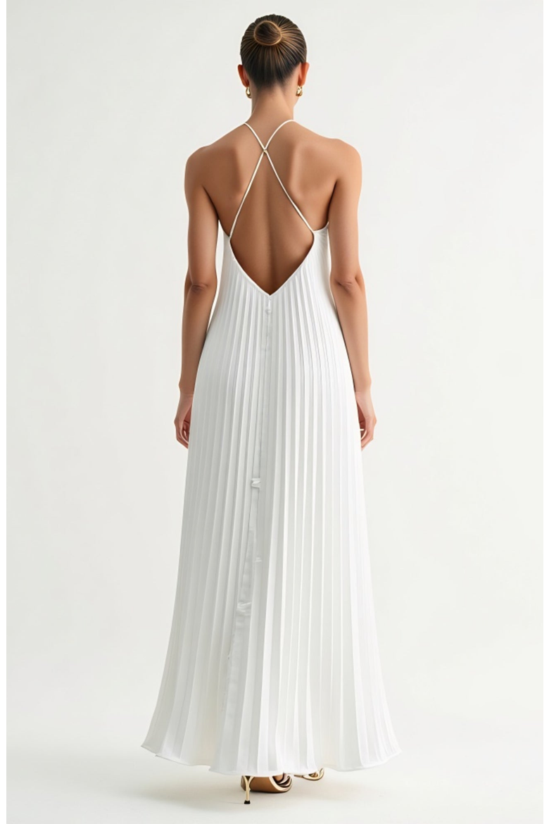Backless Pleated Crisscross-Strap Maxi Dress, Alternate, color, White