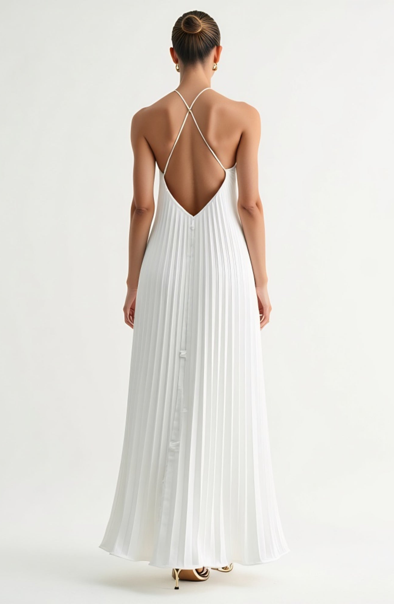 Modenaire Backless Pleated Crisscross-Strap Maxi Dress, Alternate, color, 