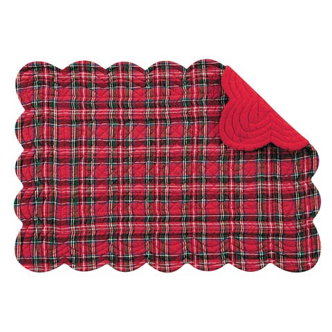 Red Plaid Cotton Quilted Rectangular Reversible Placemats Set of 6, 13" x 19"