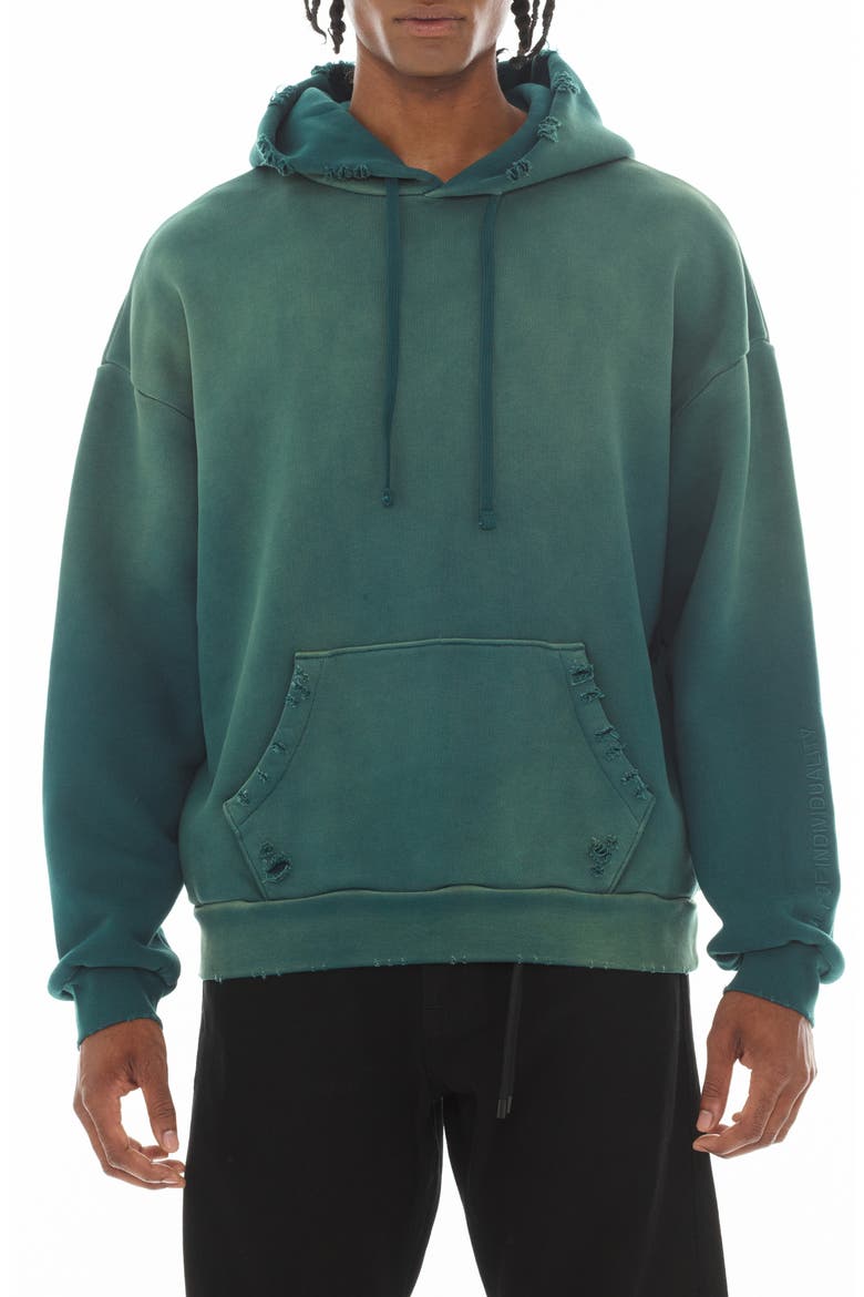 Core Distressed French Terry Pullover Hoodie, Main, color, BAYBERRY