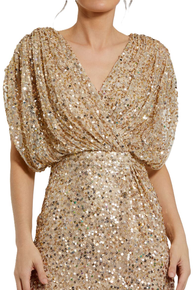 Draped Sleeve Sequin V-Neck Gown, Alternate, color, Nude Gold