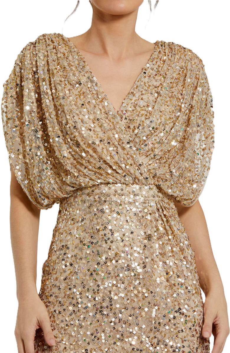 Mac Duggal Draped Sleeve Sequin V-Neck Gown, Alternate, color, Nude Gold