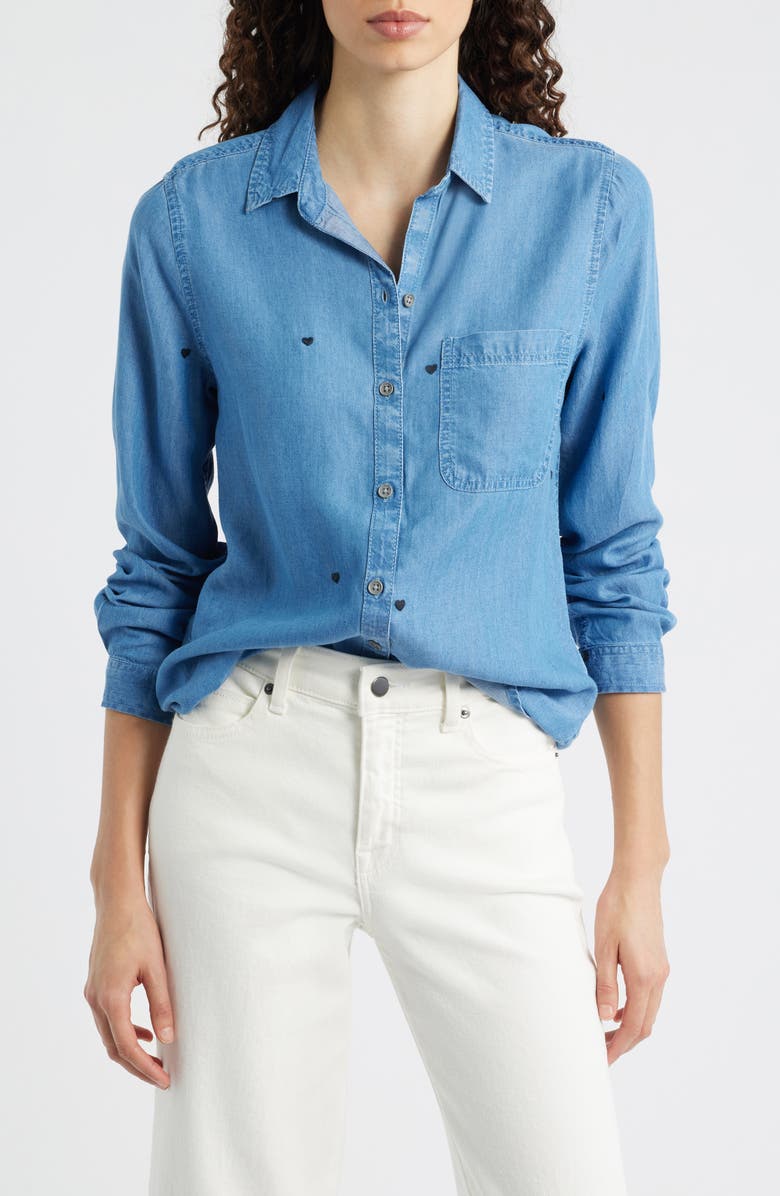 beachlunchlounge Maylee Embroidered Chambray Button-Up Shirt, Main, color, Subtle Love