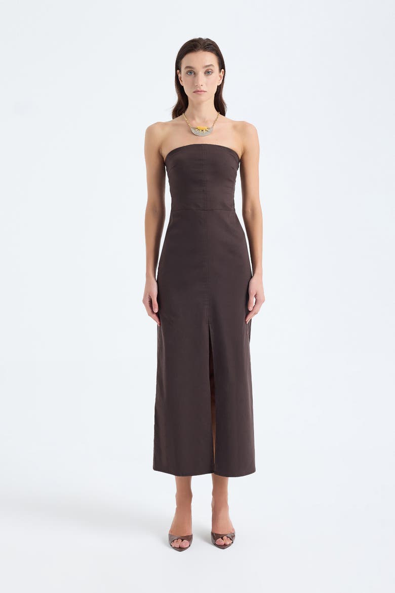 Akasha Strapless Cotton Blend Midi Dress with Front Slit, Alternate, color, Brown