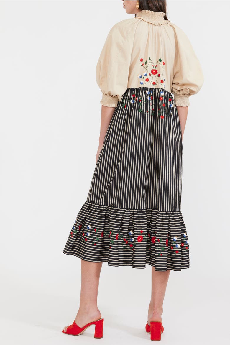 Eliza Embroidered Maxi Dress, Alternate, color, Black Khaki Stripe