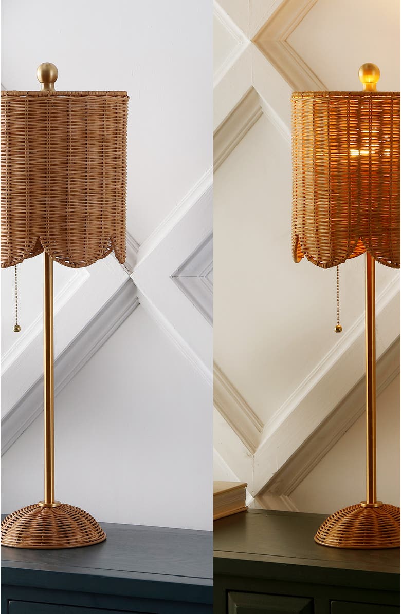 JONATHAN Y Celerie 27.5" Coastal Bohemian Rattan/Iron Scalloped Buffet LED Table Lamp with Pull Chain, Alternate, color,
