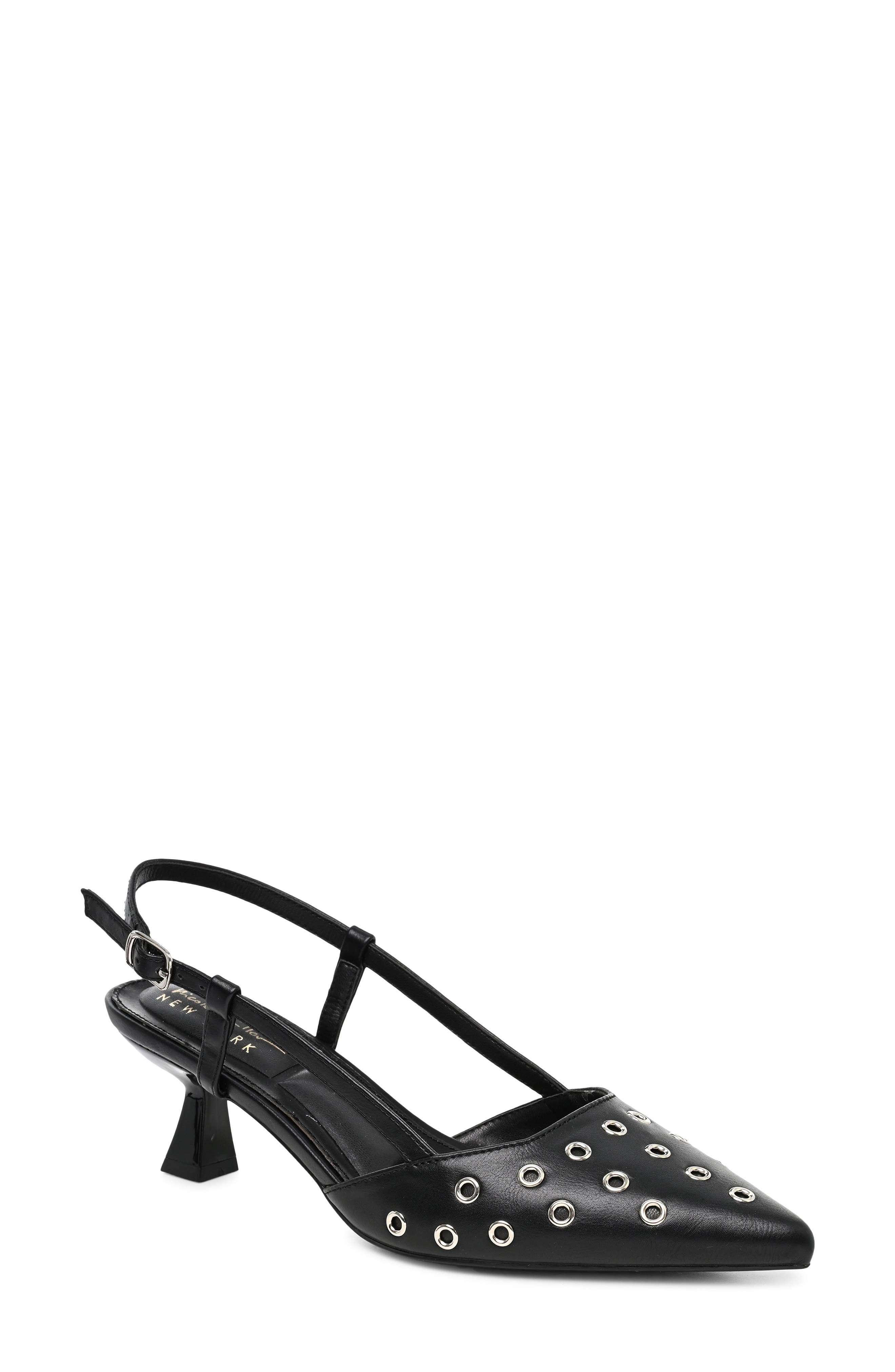 Grommet Pointed Toe Slingback Pump, Main, color, BLACK