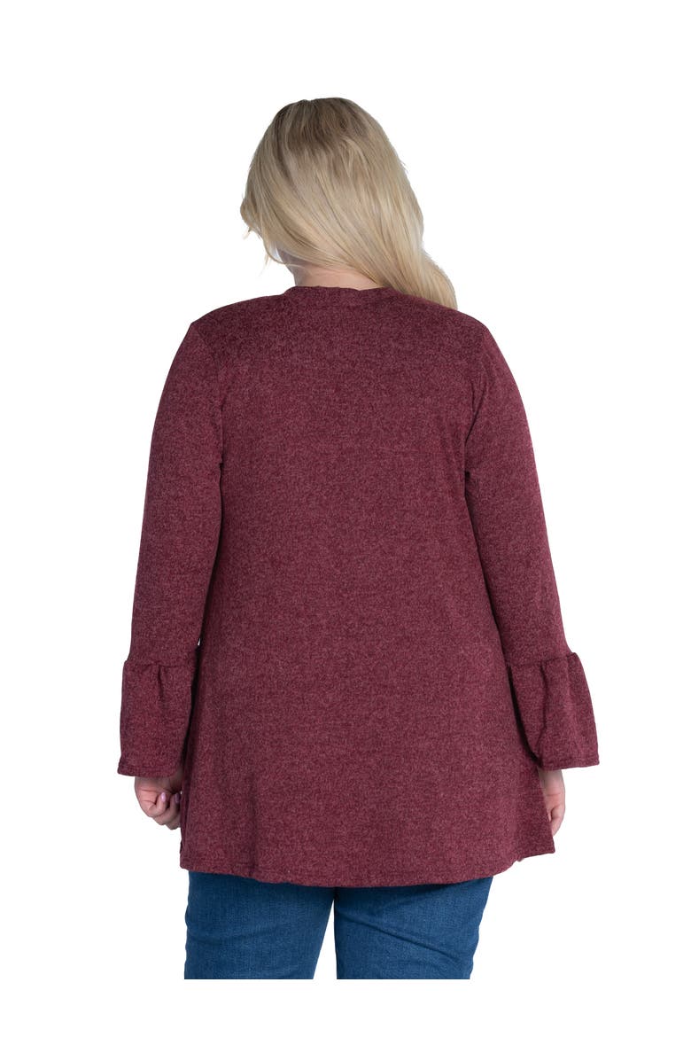 Plus Size Knit Three Quarter Bell Sleeve Open Cardigan, Alternate, color, Wine