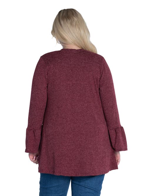 24seven Comfort Apparel Plus Size Knit Three Quarter Bell Sleeve Open Cardigan In Burgundy