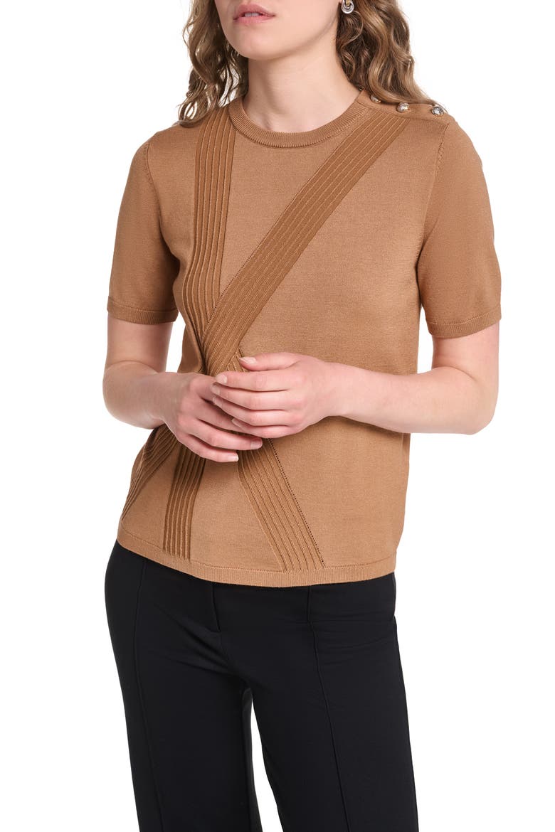 K Short Sleeve Sweater with Shoulder Buttons, Main, color, SEPIA