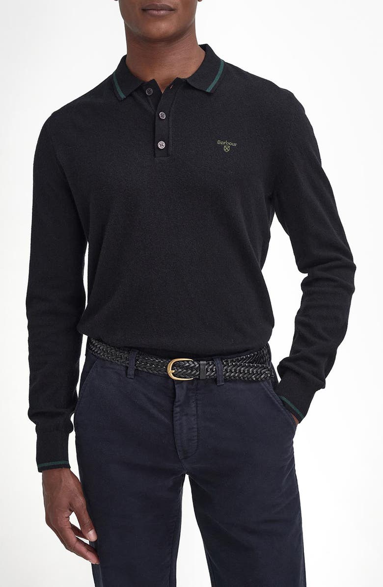 Barbour Nocton Cotton & Wool Long Sleeve Polo, Main, color, Black