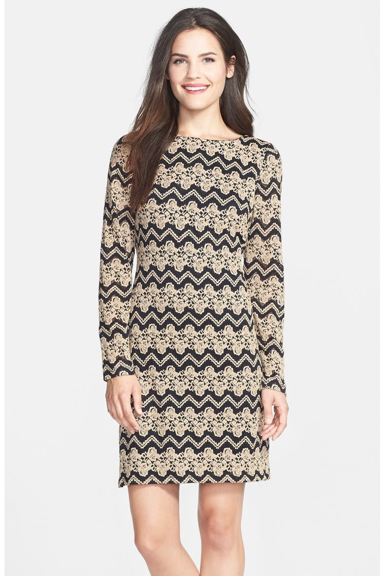 Chevron Lace Shift Dress, Main, color, BLACK/ TAN