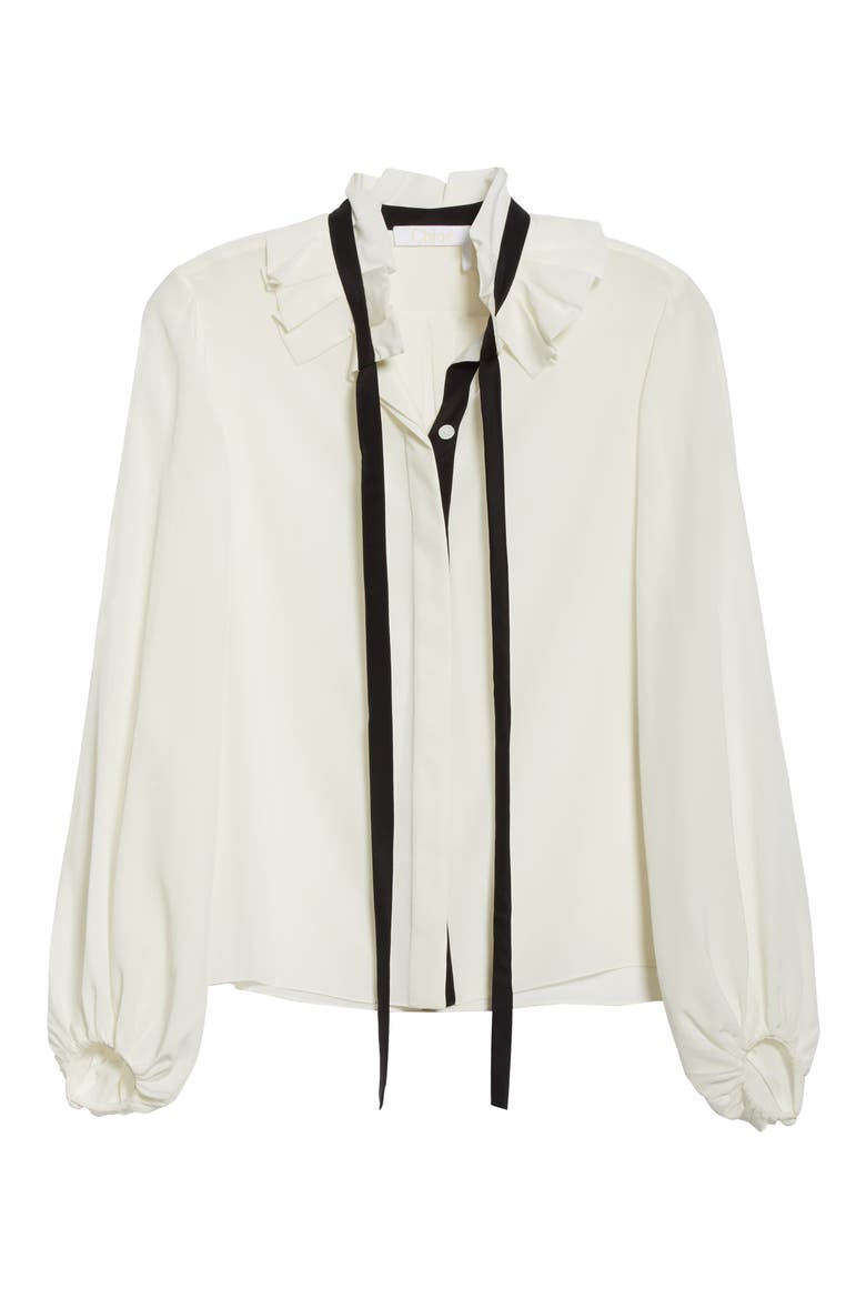 Ruffle Tie Neck Silk Blouse, Alternate, color, ICONIC MILK
