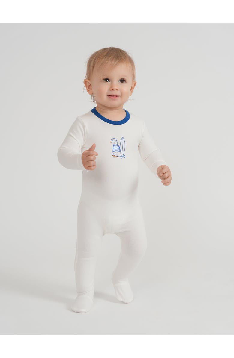 Puddles Surfing Sunday Penguin Cotton Spandex Covered Foot Romper, Alternate, color, Off White/Blue