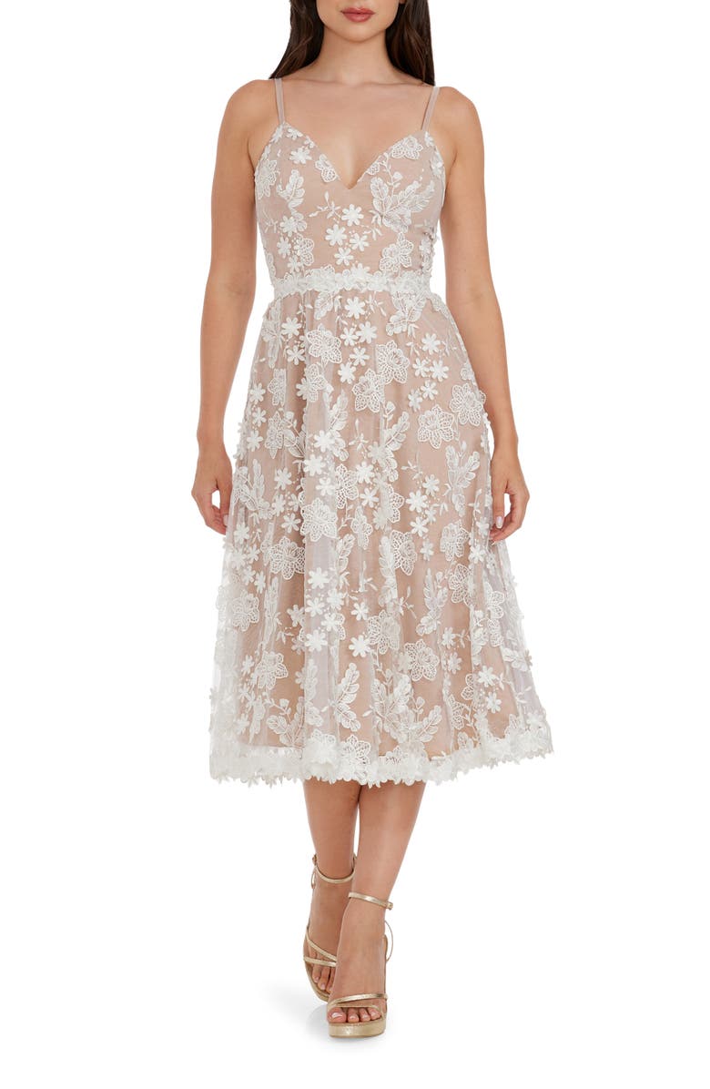 Dress the Population Tahani Floral Embroidered Fit & Flare Midi Dress, Main, color, White/ Nude