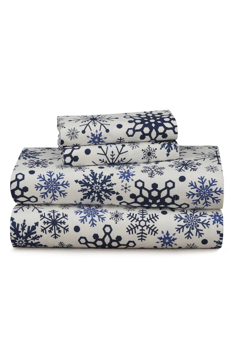 AZORES HOME Snowflakes Flannel Sheet Set, Main, color, Blue