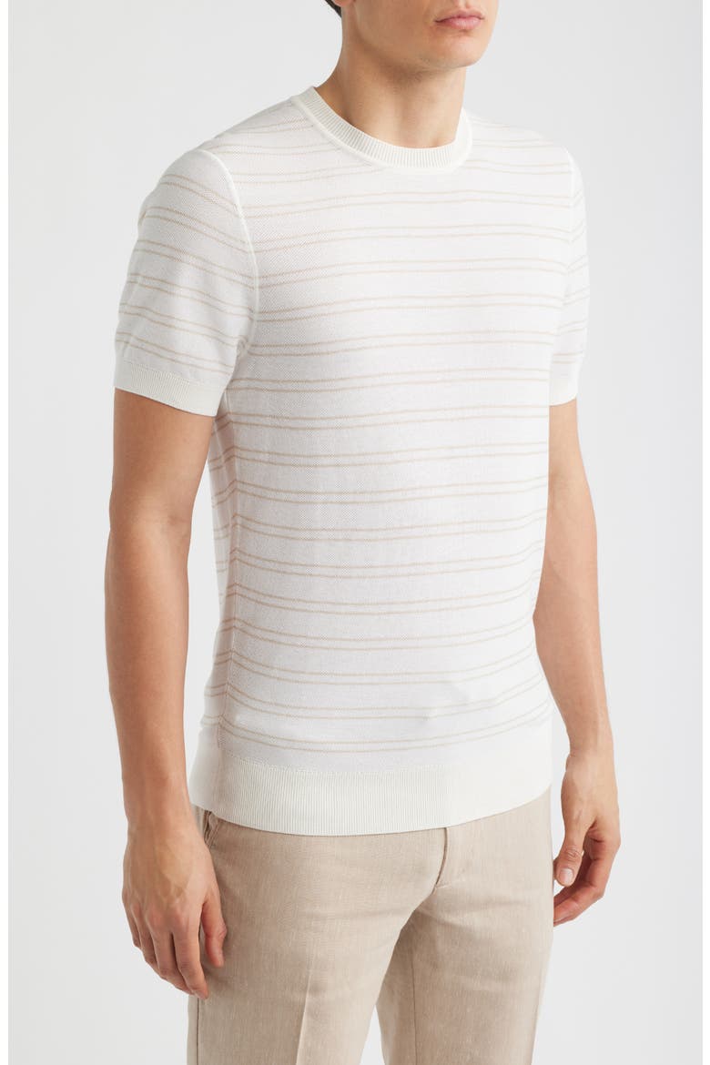 H-Nalon Stripe Short Sleeve Cotton Blend Piqué Sweater, Alternate, color, WHITE