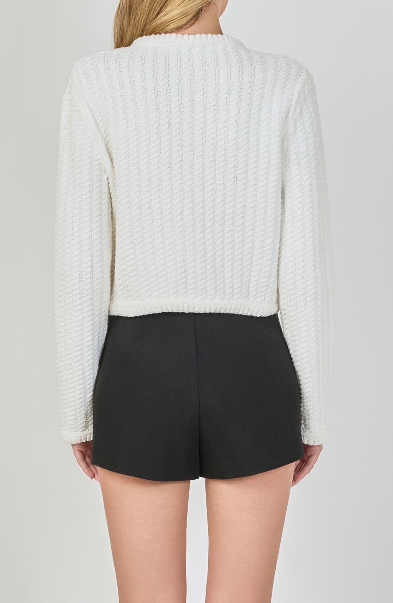 Endless Rose Beaded Flower Embellishment Cable Knit Pointelle Sweater, Alternate, color, White