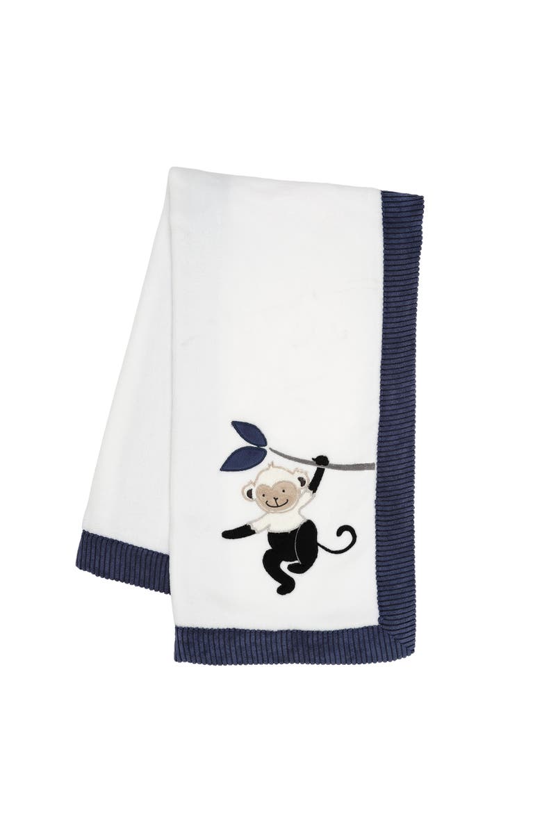Lambs & Ivy Jungle Party Monkey Soft Fleece Baby Blanket, Main, color, White